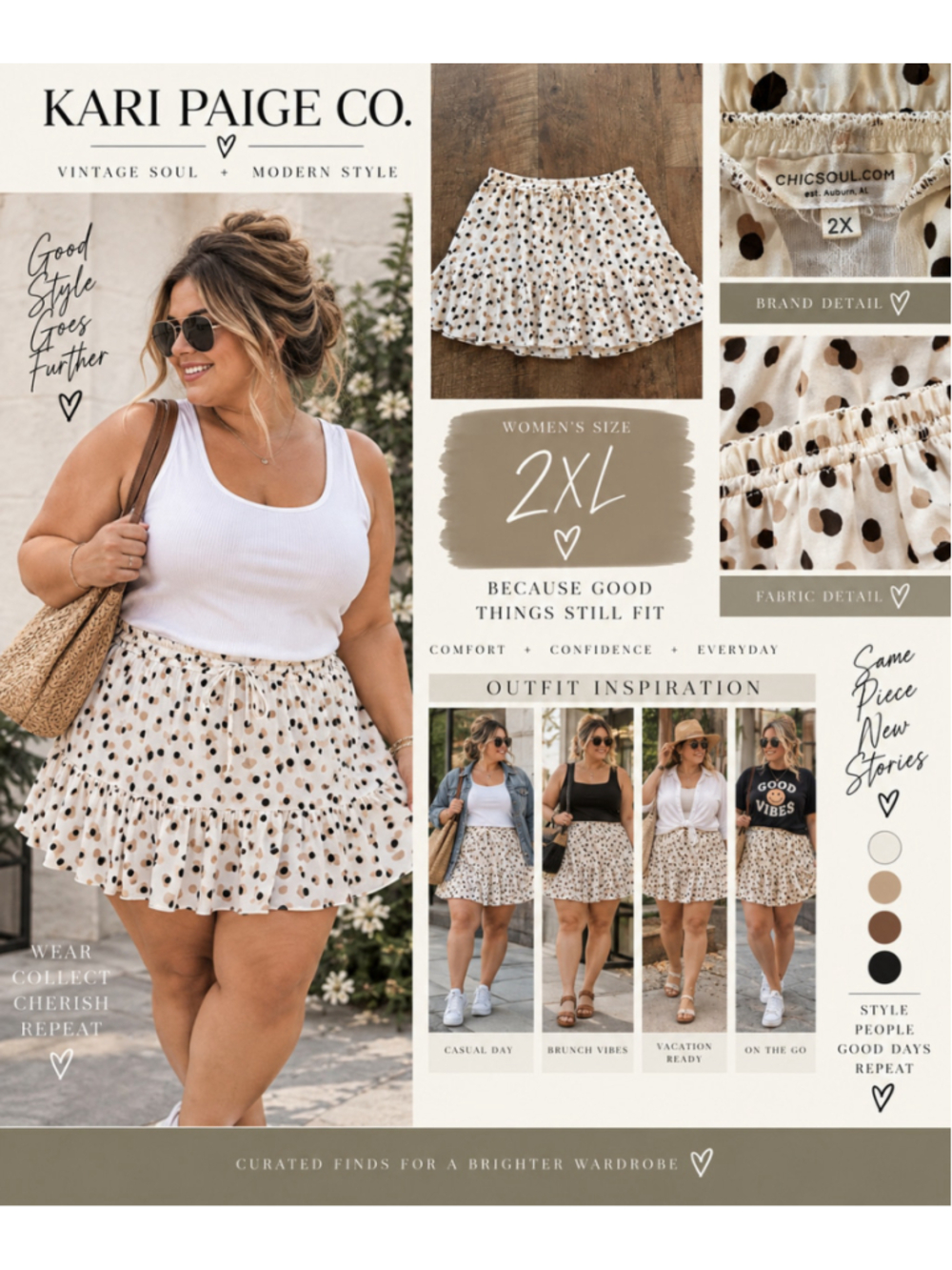 Women's CHICSOUL.COM White Brown Black Polka Dot Mini Skirt 2X F26